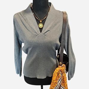 Y2K George SILK Blend V Neck Blouse With Silver Sparkle